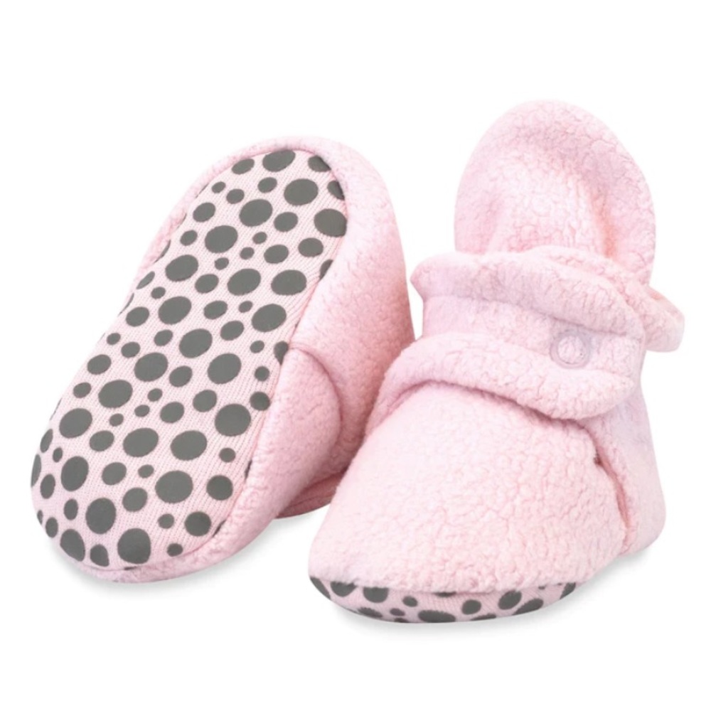 2 Pairs of Zutano Booties. Cotton Grey Stripe & Pink Fleece. 12 mo